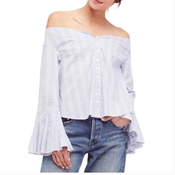 Free People March To The Beat Off The Shoulder Striped Button Down Blouse, Large - Picture 13 of 13